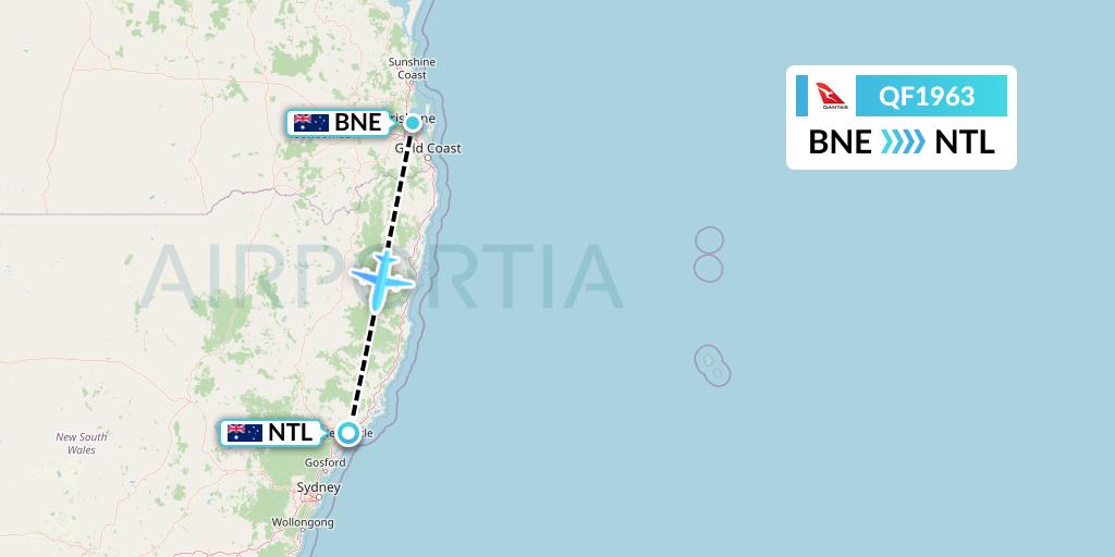 QF1963 Qantas Flight Map: Brisbane to Newcastle