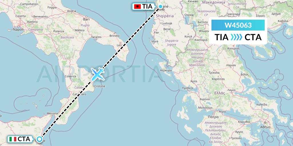 W45063 Wizz Air Malta Flight Map: Tirana to Catania