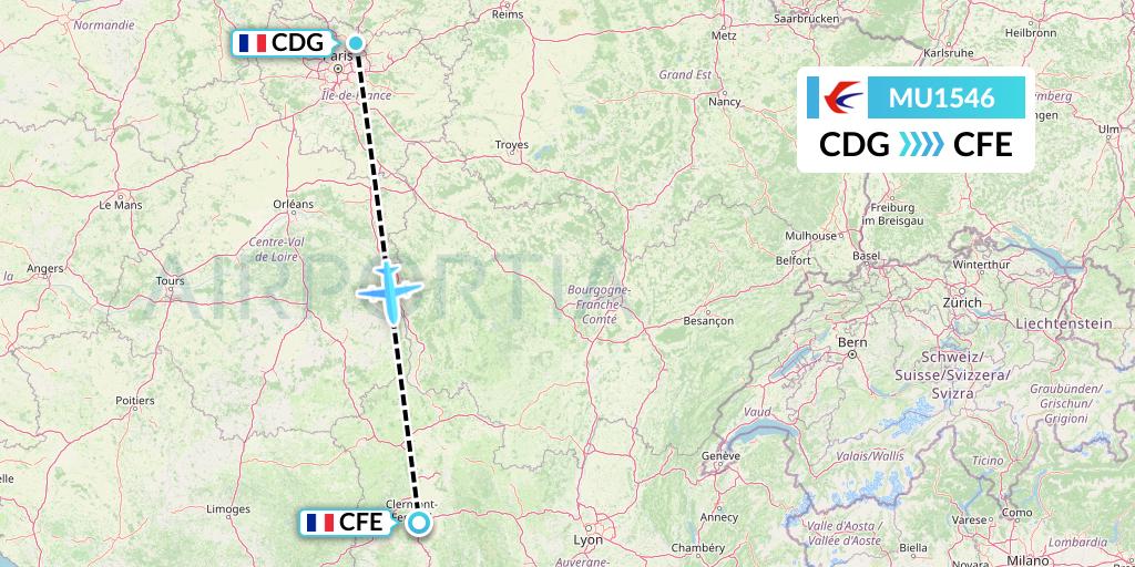 MU1546 China Eastern Airlines Flight Map: Paris to Clermont-Ferrand