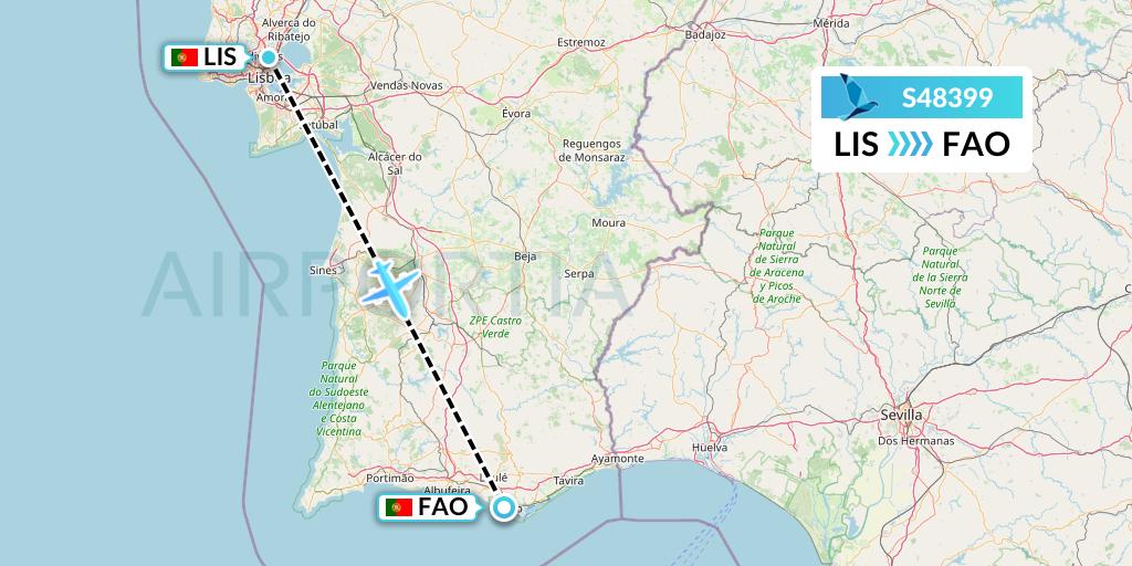 S48399 Azores Airlines Flight Map: Lisbon to Faro