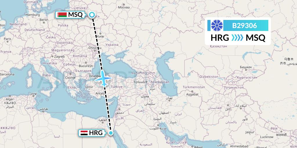 B29306 Belavia Flight Map: Hurghada to Minsk