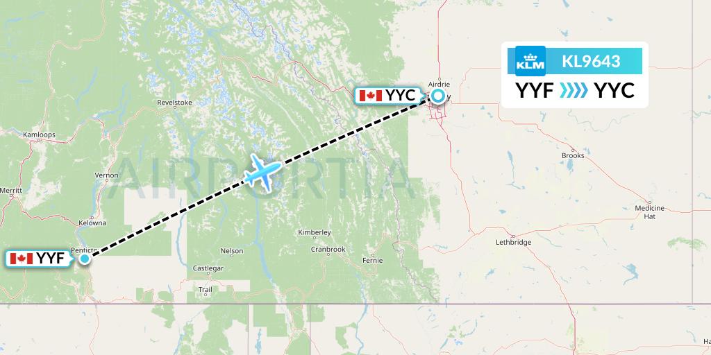 KL9643 KLM Flight Map: Penticton to Calgary