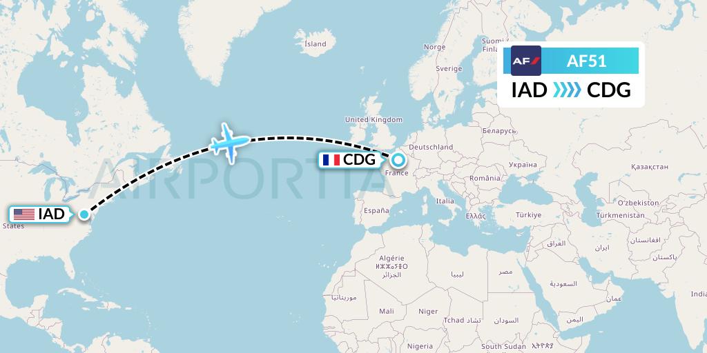 AF51 Air France Flight Map: Washington to Paris