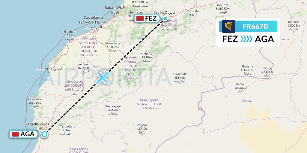FR6670 Ryanair Flight Map: Fes to Agadir