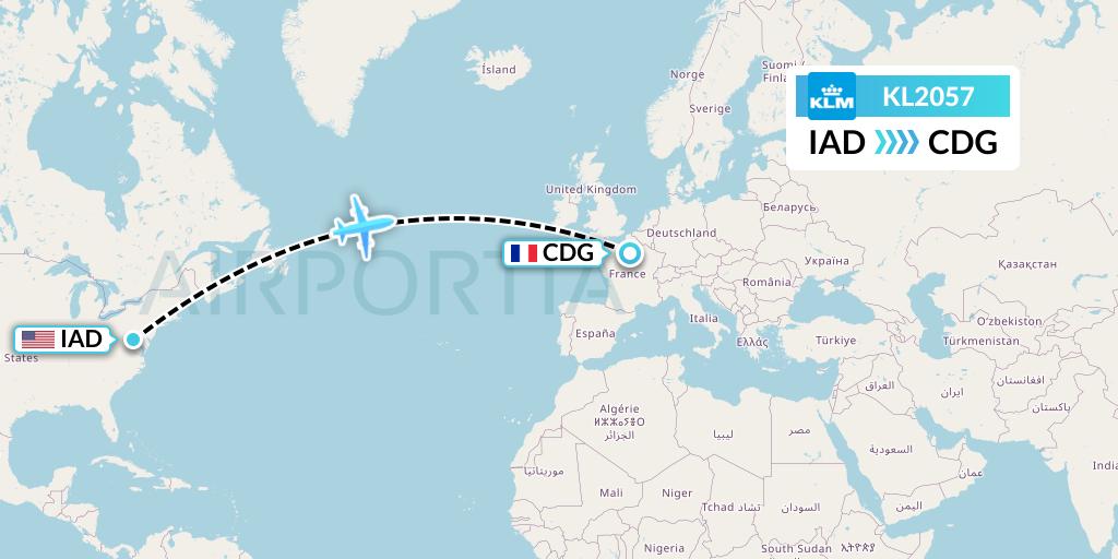 KL2057 KLM Flight Map: Washington to Paris