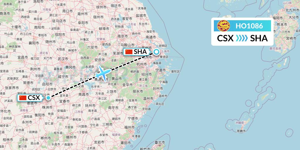 HO1086 Juneyao Airlines Flight Map: Changsha to Shanghai