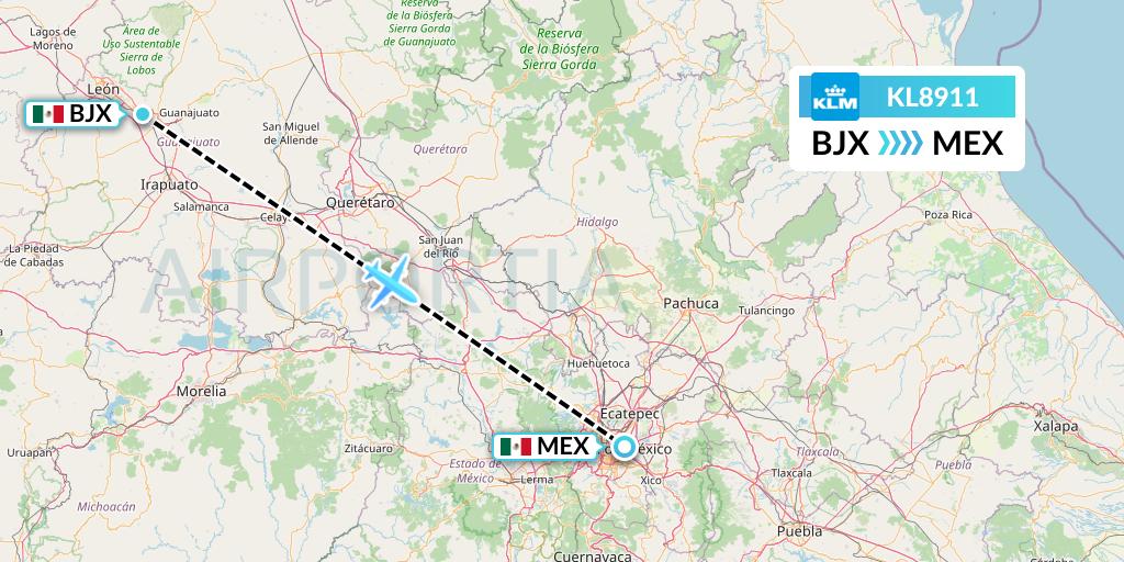 KL8911 KLM Flight Map: Silao to Mexico City