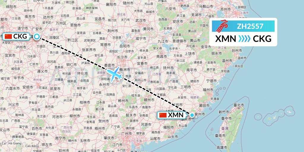ZH2557 Shenzhen Airlines Flight Map: Xiamen to Chongqing