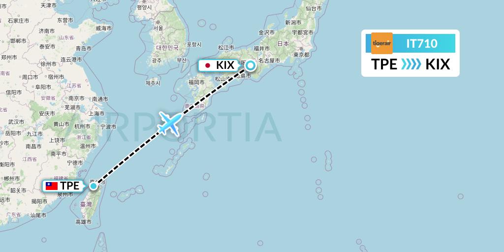 IT710 Tigerair Taiwan Flight Map: Taipei to Osaka