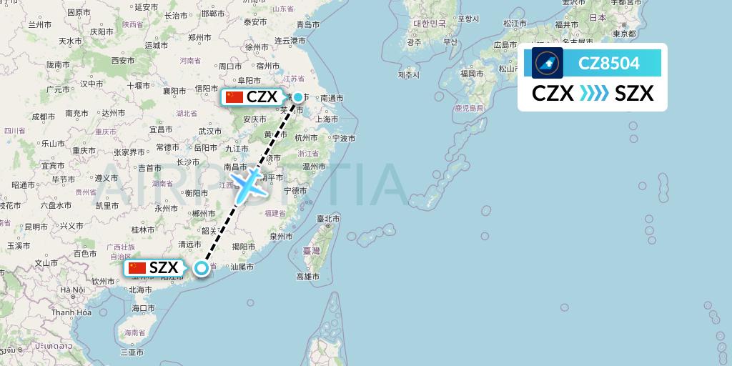 CZ8504 China Southern Airlines Flight Map: Changzhou to Shenzhen