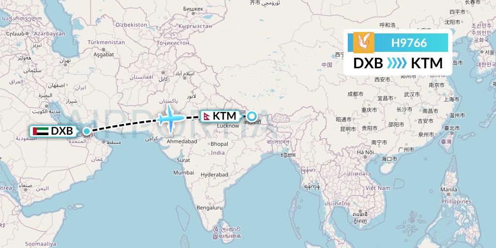 H9766 Himalaya Airlines Flight Map: Dubai to Kathmandu