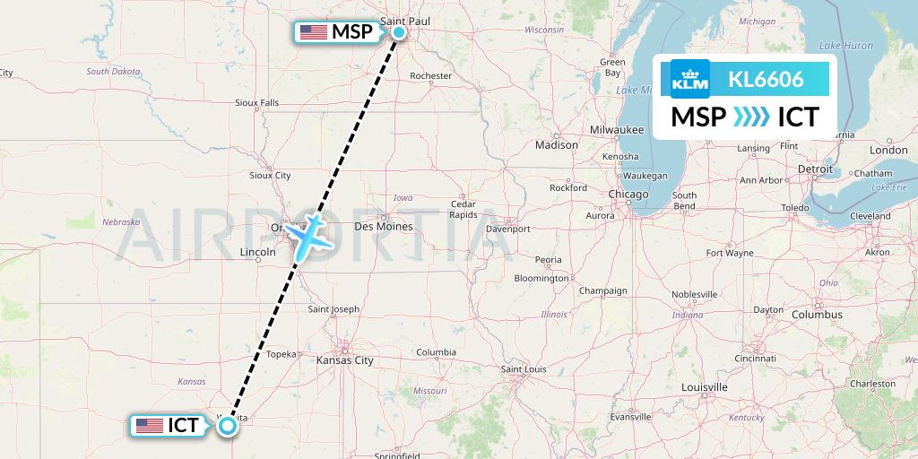 KL6606 KLM Flight Map: Minneapolis to Wichita