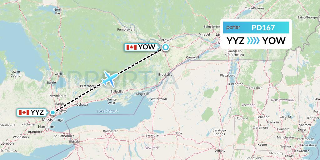 PD167 Porter Airlines Flight Map: Toronto to Ottawa