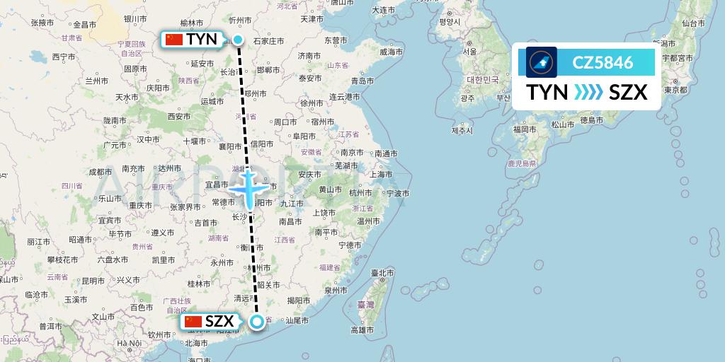CZ5846 China Southern Airlines Flight Map: Taiyuan to Shenzhen