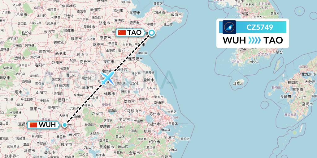 CZ5749 China Southern Airlines Flight Map: Wuhan to Qingdao