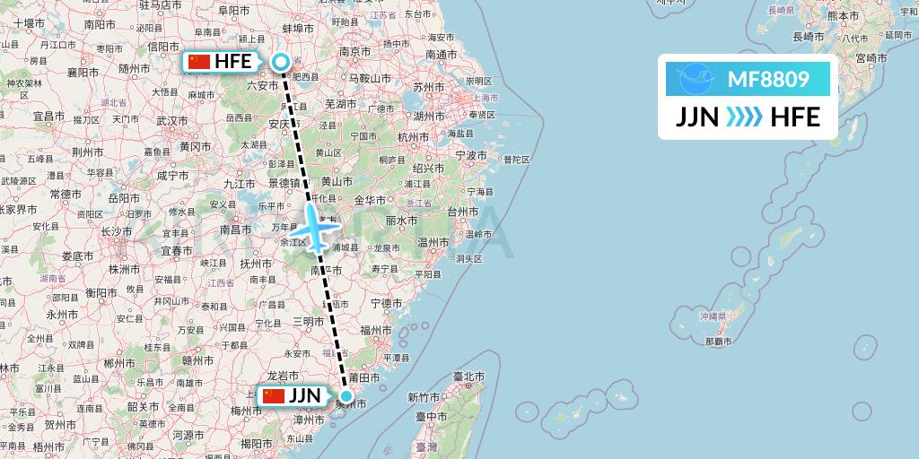 MF8809 Xiamen Airlines Flight Map: Jinjiang to Hefei