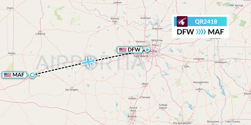 QR2418 Qatar Airways Flight Map: Dallas to Midland