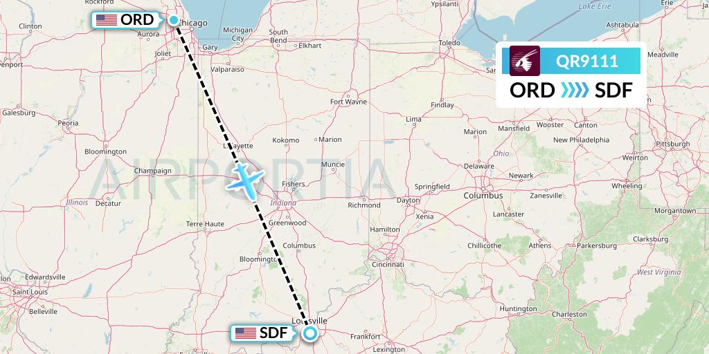 QR9111 Qatar Airways Flight Map: Chicago to Louisville