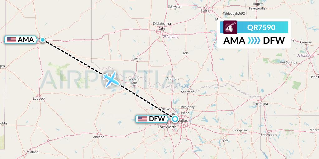 QR7590 Qatar Airways Flight Map: Amarillo to Dallas