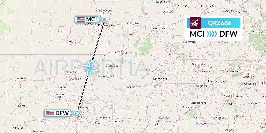 QR2666 Qatar Airways Flight Map: Kansas City to Dallas