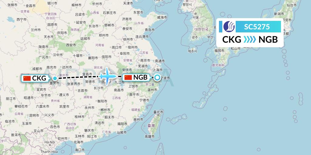 SC5275 Shandong Airlines Flight Map: Chongqing to Ningbo