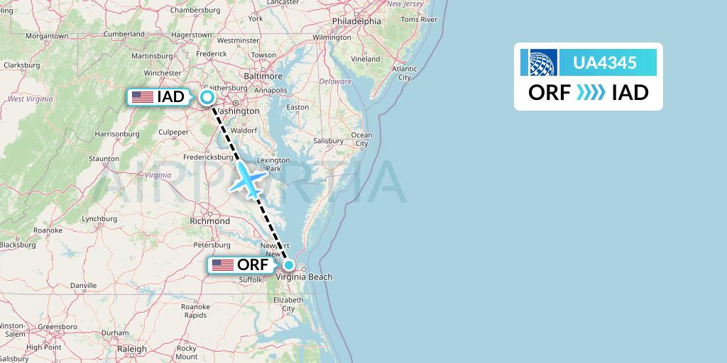 UA4345 United Airlines Flight Map: Norfolk to Washington