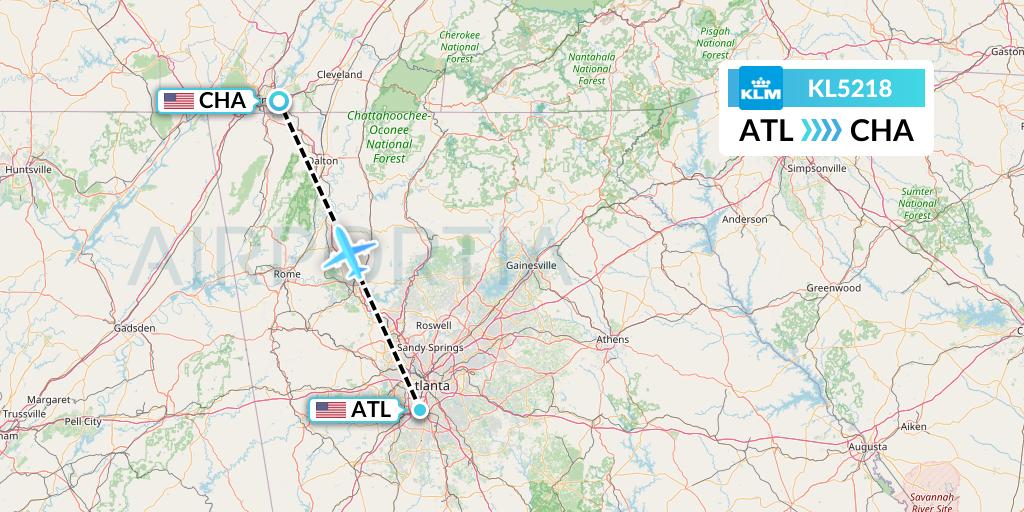 KL5218 KLM Flight Map: Atlanta to Chattanooga