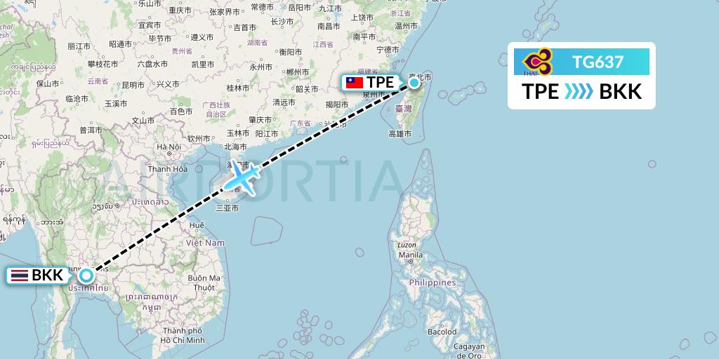 TG637 Thai Airways Flight Map: Taipei to Bangkok