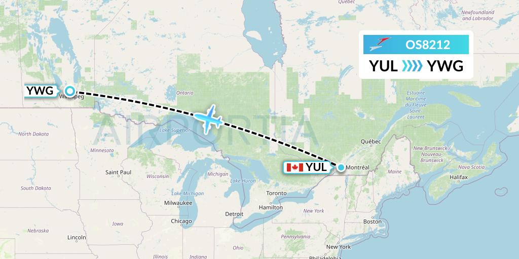 OS8212 Austrian Airlines Flight Map: Montreal to Winnipeg