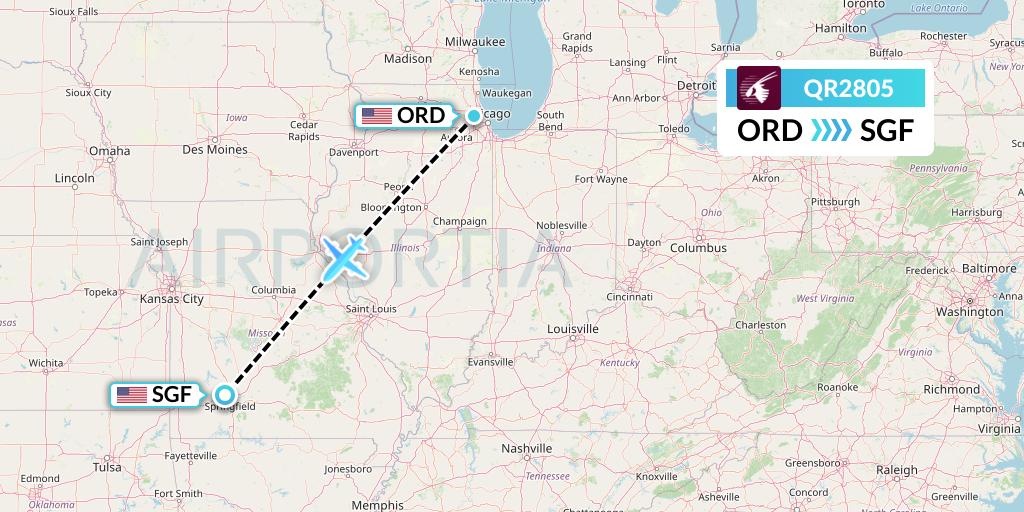 QR2805 Qatar Airways Flight Map: Chicago to Springfield