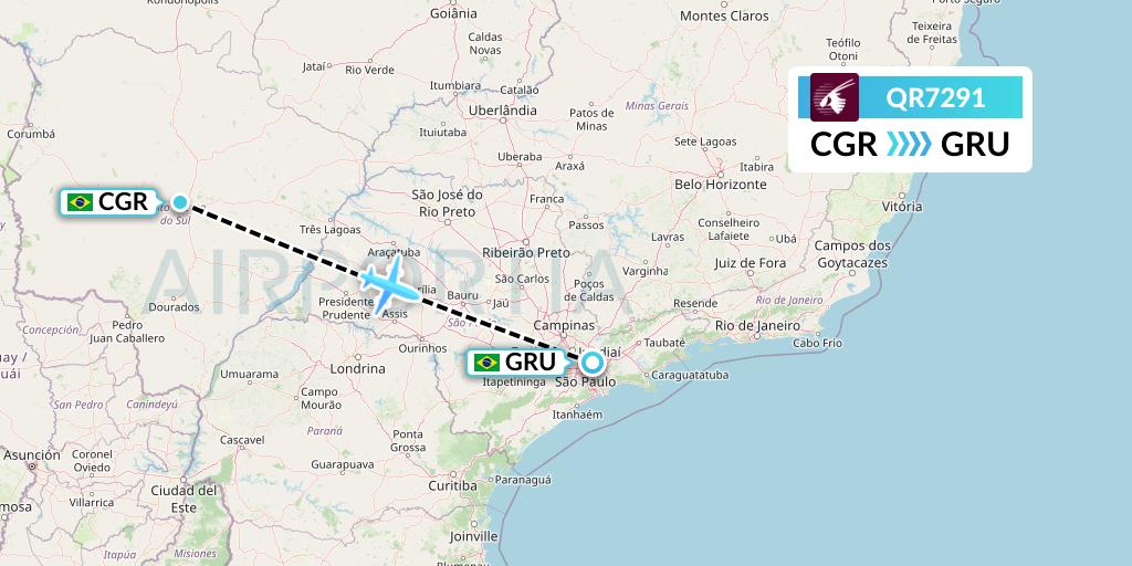 QR7291 Qatar Airways Flight Map: Campo Grande to Sao Paulo