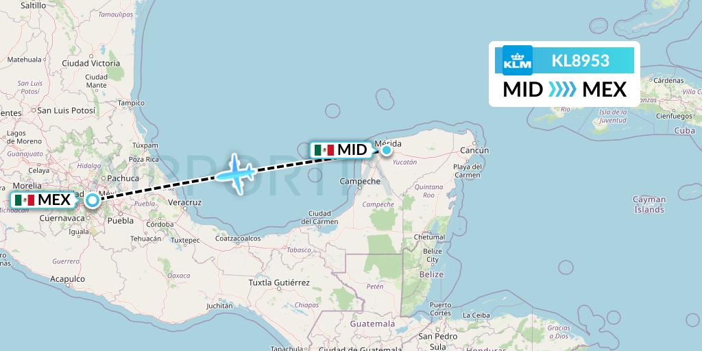KL8953 KLM Flight Map: Merida to Mexico City