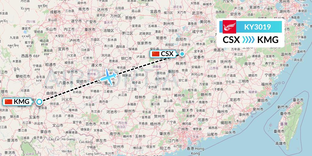 KY3019 Kunming Airlines Flight Map: Changsha to Kunming