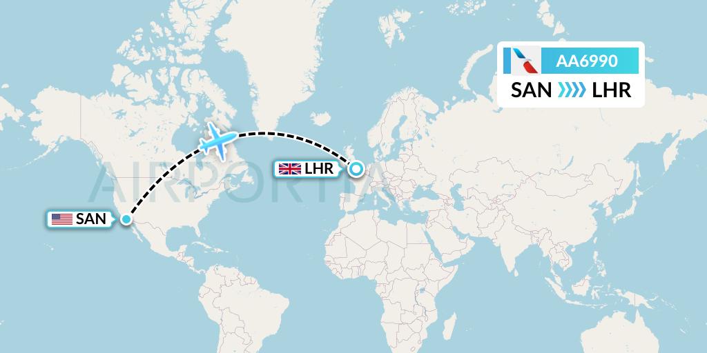 AA6990 American Airlines Flight Map: San Diego to London