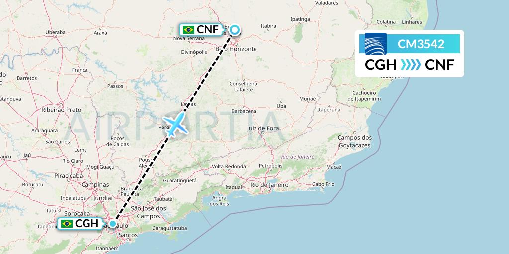 CM3542 Copa Airlines Flight Map: Sao Paulo to Belo Horizonte
