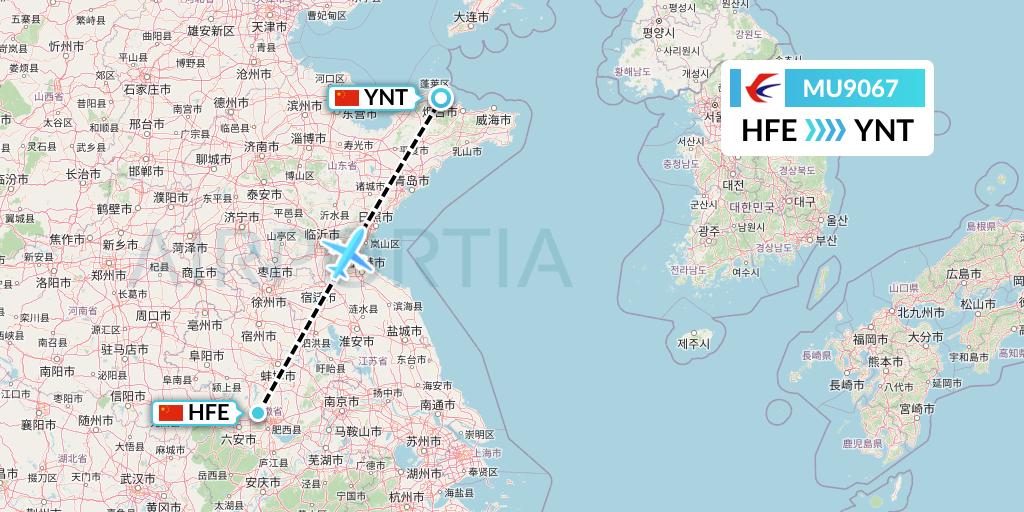 MU9067 China Eastern Airlines Flight Map: Hefei to Yantai