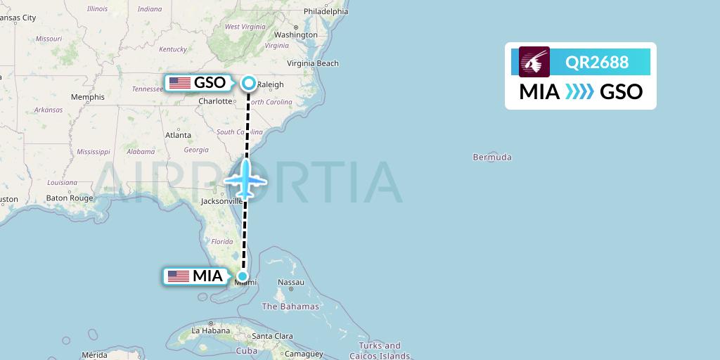 QR2688 Qatar Airways Flight Map: Miami to Greensboro
