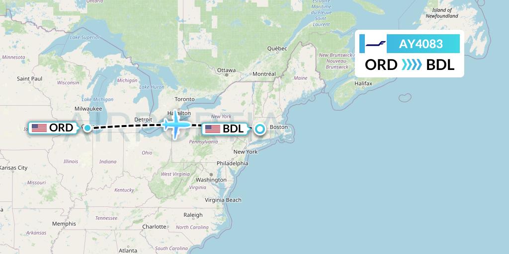 AY4083 Finnair Flight Map: Chicago to Windsor Locks