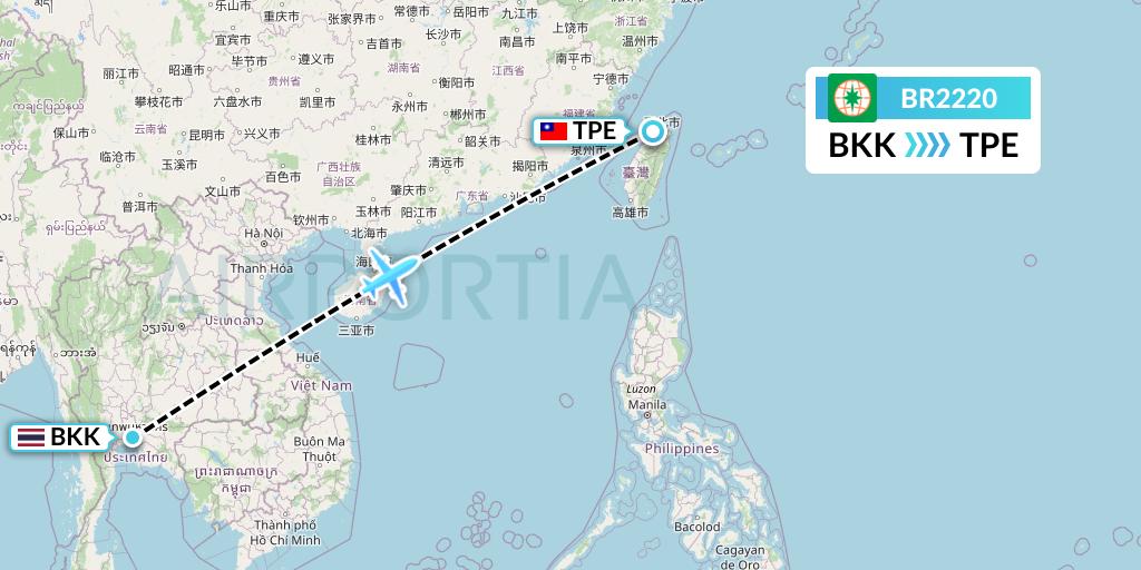 BR2220 EVA Air Flight Map: Bangkok to Taipei