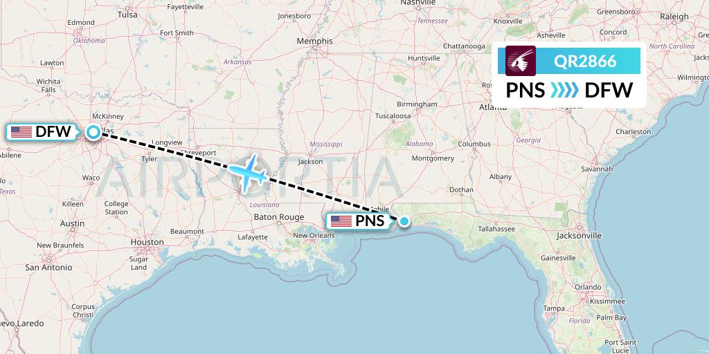 QR2866 Qatar Airways Flight Map: Pensacola to Dallas