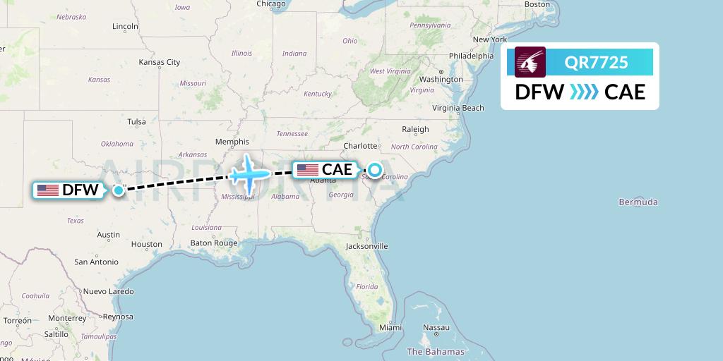 QR7725 Qatar Airways Flight Map: Dallas to Columbia