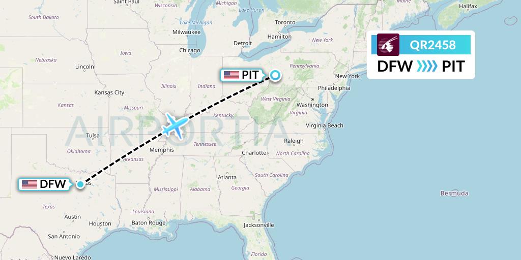 QR2458 Qatar Airways Flight Map: Dallas to Pittsburgh