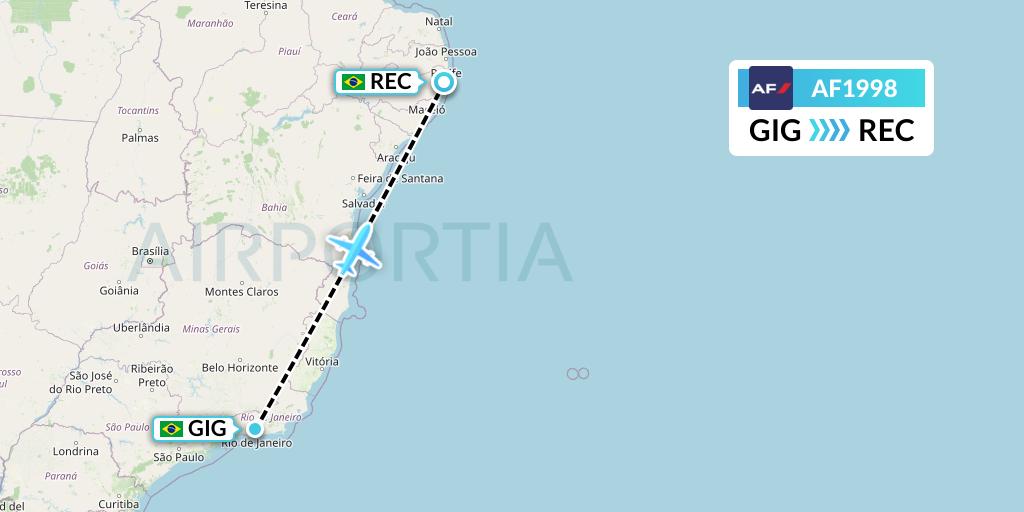 AF1998 Air France Flight Map: Rio de Janeiro to Recife