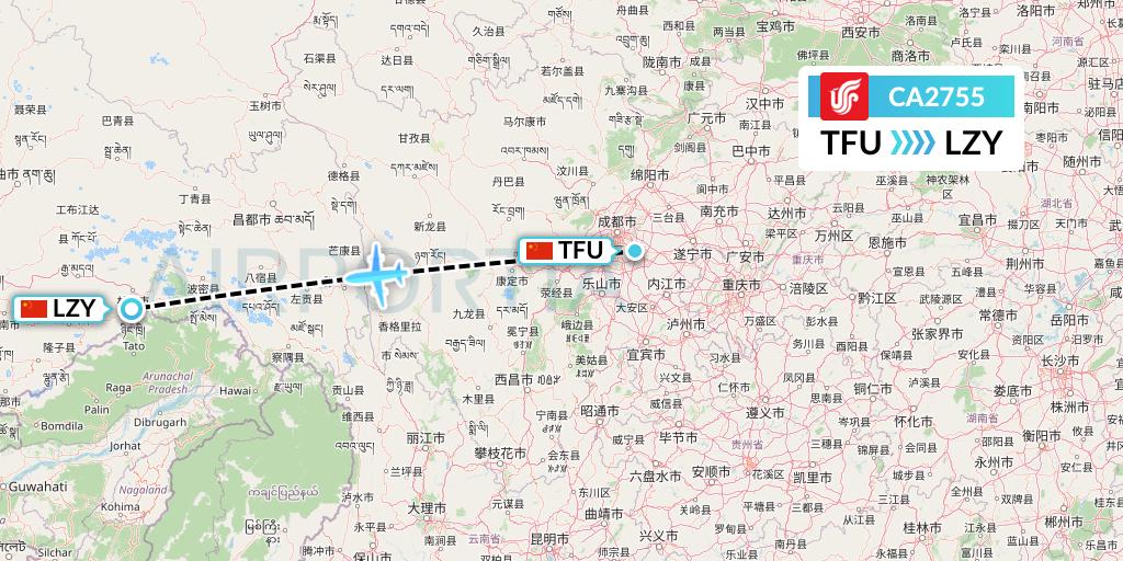 CA2755 Air China Flight Map: Chengdu to Nyingchi