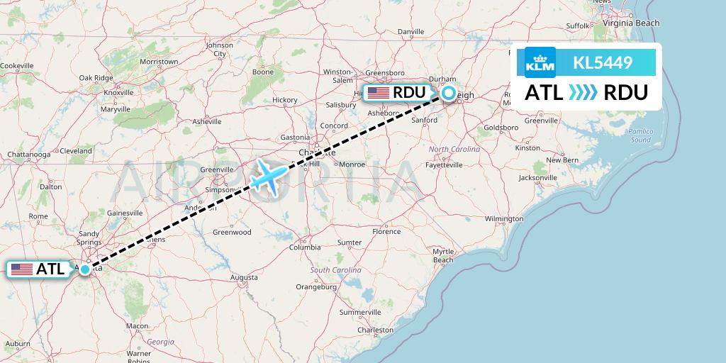KL5449 KLM Flight Map: Atlanta to Raleigh-Durham