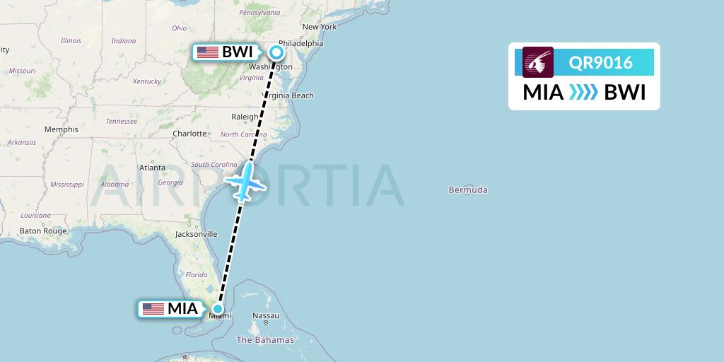 QR9016 Qatar Airways Flight Map: Miami to Baltimore