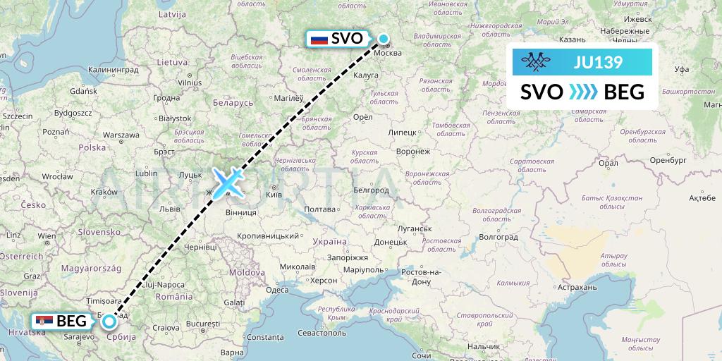 JU139 AirSERBIA Flight Map: Moscow to Belgrade