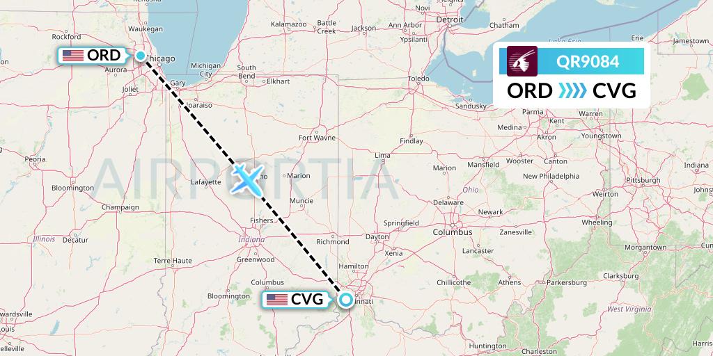 QR9084 Qatar Airways Flight Map: Chicago to Cincinnati