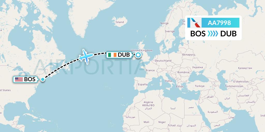 AA7998 American Airlines Flight Map: Boston to Dublin