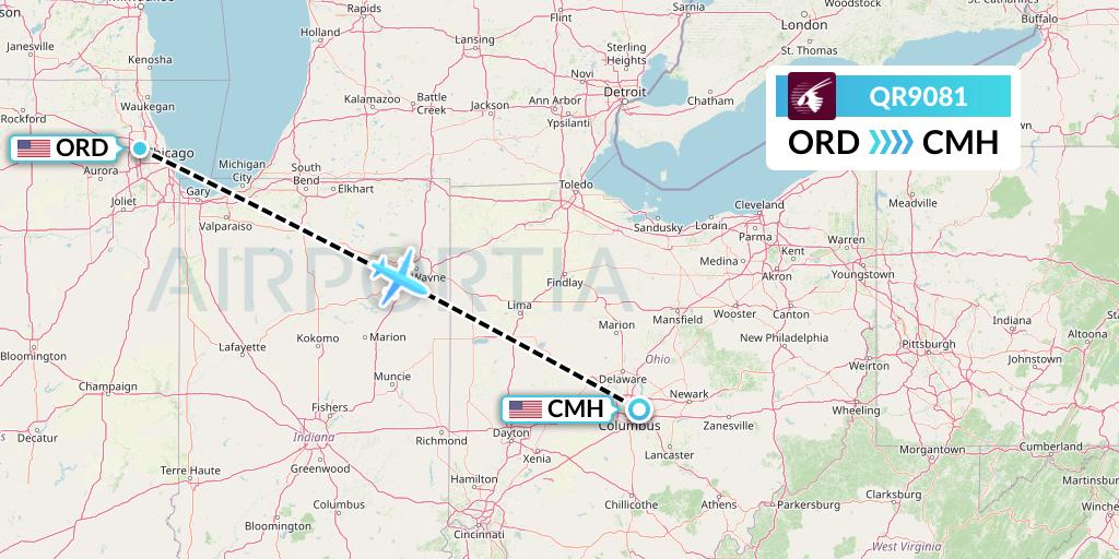 QR9081 Qatar Airways Flight Map: Chicago to Columbus